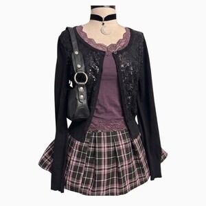 Black‎ Sequin Cardigan Front Button Up Sweater SMALL Vintage Y2K Circa 2010